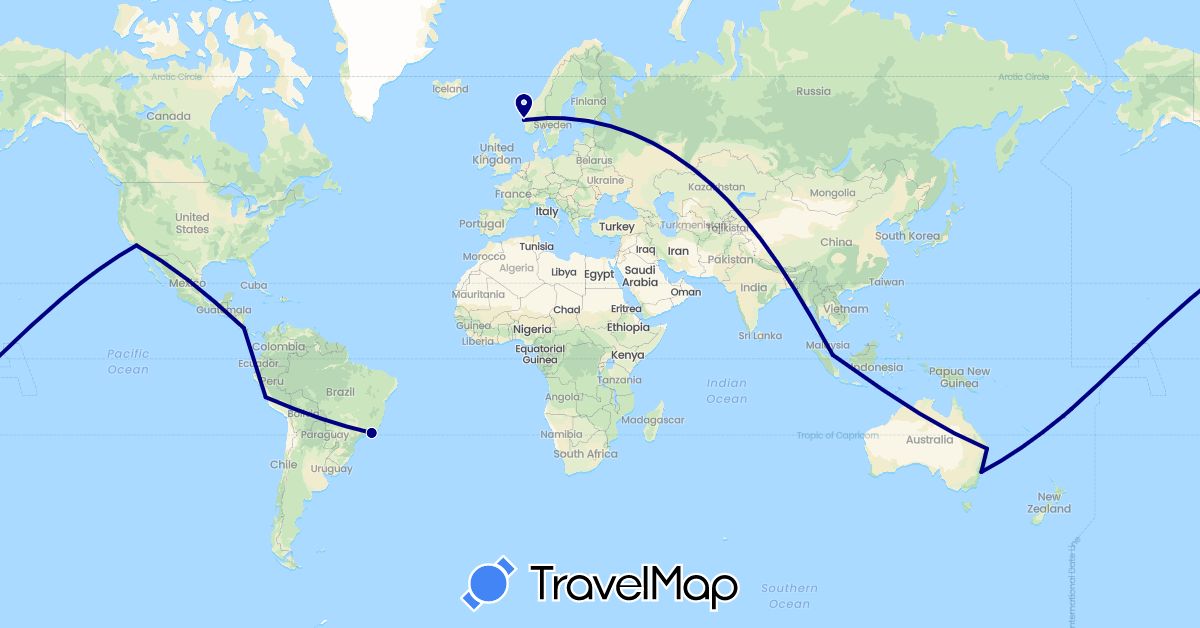 TravelMap itinerary: driving in Australia, Brazil, Costa Rica, Fiji, Norway, Peru, Singapore, United States (Asia, Europe, North America, Oceania, South America)